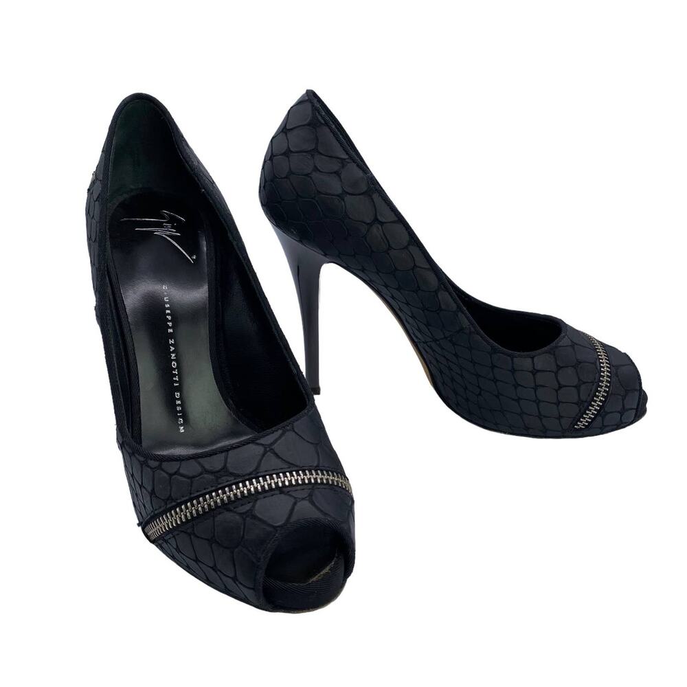 Giuseppe Zanotti Black Snakeskin Peep Toe Heels, Size 8, Zipper Detail Pumps